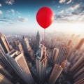 Red balloon floats above the tall towering skyscrapers on the city