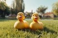 Whimsical toy ducks frolicking in the blissful backyard retreat, awaiting your personalized message Royalty Free Stock Photo