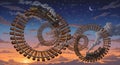 Whimsical Train rides through infinite loops of dreamlike sky at sunset Royalty Free Stock Photo