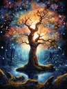 Whimsical Tree in the forest at night Paintingt