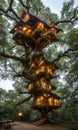 Whimsical Treehouse. High in the branches of an ancient oak, a cozy treehouse awaits.