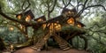 Whimsical Treehouse. High in the branches of an ancient oak, a cozy treehouse awaits.