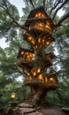 Whimsical Treehouse. High in the branches of an ancient oak, a cozy treehouse awaits.