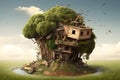 A whimsical treehouse in a serene landscape, illustrating an enchanting interplay between architecture and nature, symbolizing