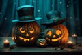 Whimsical Trio: Two Playful Halloween Pumpkins with Hats and a Tiny Baby Pumpkin in a Hat Gathered in Glee AI generated