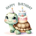 Whimsical Turtle with Birthday Cake in Watercolor Style. AI-generated Royalty Free Stock Photo