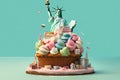 In a whimsical twist, the Statue of Liberty balances atop a massive cupcake, sprinkling sugary sweetness across the city in a