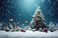 A whimsical underwater scene with a decorated Christmas tree surrounded by fish, amidst falling snow against a deep blue backgroun Royalty Free Stock Photo