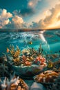 Whimsical underwater scene with a miniature ecosystem in a fishbowl on the ocean's surface at sunset, reflecting on