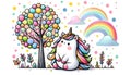 Whimsical Unicorn and Rainbow Tree in a Pastel Polka Dot World