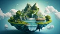 Whimsical Unreal Float Landscape with Waterfall Paradise Idea, Clouds, Floating Island, River Stream and Ship. Generative Ai Royalty Free Stock Photo