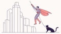 Superhero pulling building with cat, symbolizing heroic strength. vector design Generative AI Royalty Free Stock Photo