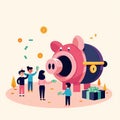 Whimsical Vector Illustration: Tiny Characters Save Big with Piggy Bank