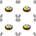 Whimsical vector seamless pattern featuring cute Easter bunny faces and colorful eggs in nests on a white background, perfect for Royalty Free Stock Photo