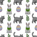 Whimsical vector seamless pattern featuring playful grey cats, cheerful Easter bunnies with green bows, and pastel striped eggs, Royalty Free Stock Photo