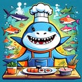 Friendly shark wearing a charming apron and a chef\'s hat