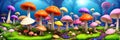 Whimsical vibrant mushroom forest. Oversized fungi of varied hues paint a surreal, otherworldly scene