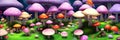 Whimsical vibrant mushroom forest. Oversized fungi of varied hues paint a surreal, otherworldly scene