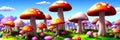 Whimsical vibrant mushroom forest. Oversized fungi of varied hues paint a surreal, otherworldly scene