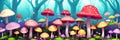 Whimsical vibrant mushroom forest. Oversized fungi of varied hues paint a surreal, otherworldly scene