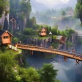 A whimsical village built inside a massive tree, with treehouses and bridges connecting each home1, Generative AI