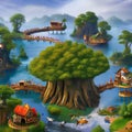 A whimsical village built inside a massive tree, with treehouses and bridges connecting each home2, Generative AI