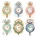 Whimsical Vintage Clock Set Watercolor Illustration In Soft Pastel Colors