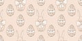 Whimsical vintage Easter seamless pattern with bunny, decorated eggs, and wreath elements. Royalty Free Stock Photo