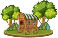 A whimsical wagon near trees