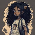 Whimsical Wanderlust: A Detailed Cartoon Illustration of an Adorable Tan Girl with Curly-Silky Hair