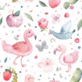 Whimsical Watercolor Animals and Nature Motifs Pattern