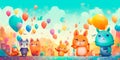 Whimsical watercolor background featuring a parade of cute animals in vibrant, playful colors.perfect for children's