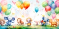 Whimsical watercolor background featuring a parade of cute animals in vibrant, playful colors.perfect for children's