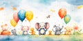 Whimsical watercolor background featuring a parade of cute animals in vibrant, playful colors.perfect for children's