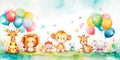 Whimsical watercolor background featuring a parade of cute animals in vibrant, playful colors.perfect for children's