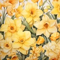 A whimsical watercolor botanical illustration of a field of daffodils by AI generated Royalty Free Stock Photo