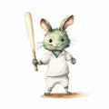 Whimsical Watercolor Bunny Playing Baseball In Colorful Costume