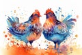 Whimsical watercolor chickens with playful patterns and sweet charm, playful atmosphere