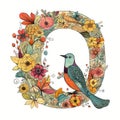 Whimsical Watercolor Drawing of Letter Q with Floral and Avian Accents for Children\'s Book Cover.