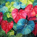 whimsical watercolor exotic botanical illustration of a variegated caladium plant by AI generated