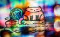 Zen Kitty Cat with Yarn Colorful Bokeh Whimsical Illustration Royalty Free Stock Photo