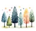 Whimsical Watercolor Forest with Colorful Trees and Playful Dots