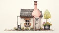 Whimsical Watercolor House Illustration With Organic Contours And Steampunk Influences