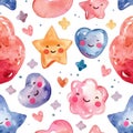 Whimsical Watercolor Illustration of Smiling Celestial Bodies and Hearts