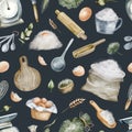 Whimsical Watercolor Kitchen Utensil Pattern on Black Background