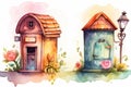 Whimsical watercolor mailboxes with playful patterns and sweet charm, whimsical atmosphere