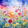 Whimsical watercolor painting of wildflowers in a dreamlike landscape