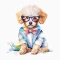 Whimsical Watercolor: Poodle Puppy with a Floral Bandana and Colorful Background AI Generated