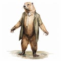 Whimsical Watercolor Portrait Of An Old Man In A Beaver Suit