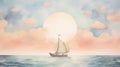 Whimsical Watercolor Sailboat Illustration In Serene Moonlit Landscape